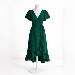 Mi Ami Francesca’s Green Wrap Midi Dress Satin Flutter Sleeve Ruffle Hem M